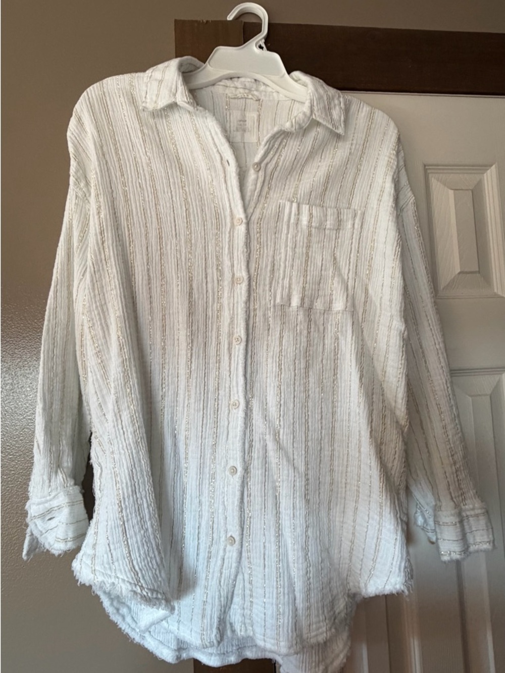 aerie White Textured Stripe Button-Down Shirt